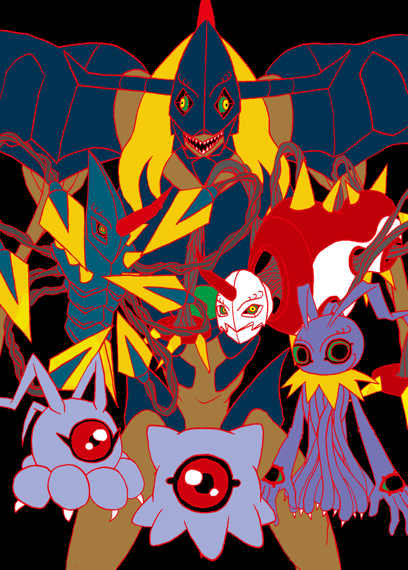 armor chrysalimon claws diablomon digimon digimon_(creature) horns infermon keramon kuramon looking_at_viewer red_eyes sharp_teeth teeth tentacles tsumemon