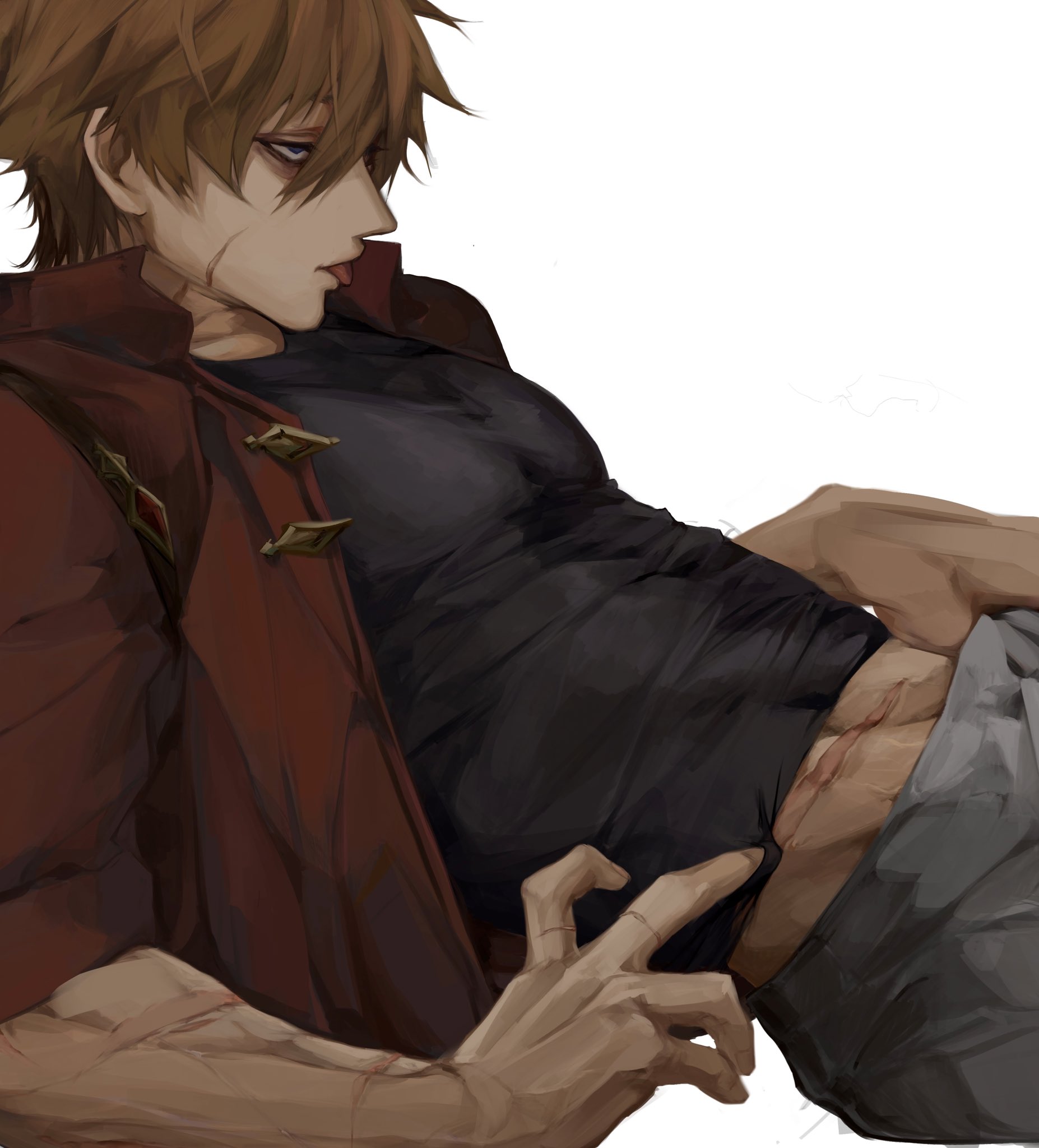 1boy bags_under_eyes black_shirt brown_hair collared_shirt covered_abs covered_pectorals cowboy_shot crew_neck facial_scar from_side genshin_impact grey_pants hand_in_pants highres k9mi looking_ahead male_focus multiple_scars open_clothes open_shirt pants pectorals popped_collar red_shirt scar scar_on_arm scar_on_cheek scar_on_face scar_on_stomach shirt short_hair simple_background solo tartaglia_(genshin_impact) tongue tongue_out white_background