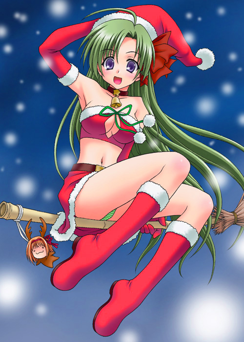 00s 1girl :d ahoge antlers armpits bamboo_broom bare_shoulders bell blush body_blush boots breasts broom broom_riding bustier character_doll choker cleavage cleavage_cutout clothing_cutout collarbone doll elbow_gloves from_below fuyou_kaede gloves green_hair hair_ribbon hat horns long_hair looking_at_viewer midriff miniskirt navel neck_bell open_mouth panties pantyshot peter_(artist) purple_eyes ribbon santa_costume santa_hat shigure_asa shuffle! sidesaddle skirt smile snow solo_focus striped_clothes striped_panties tress_ribbon underwear very_long_hair