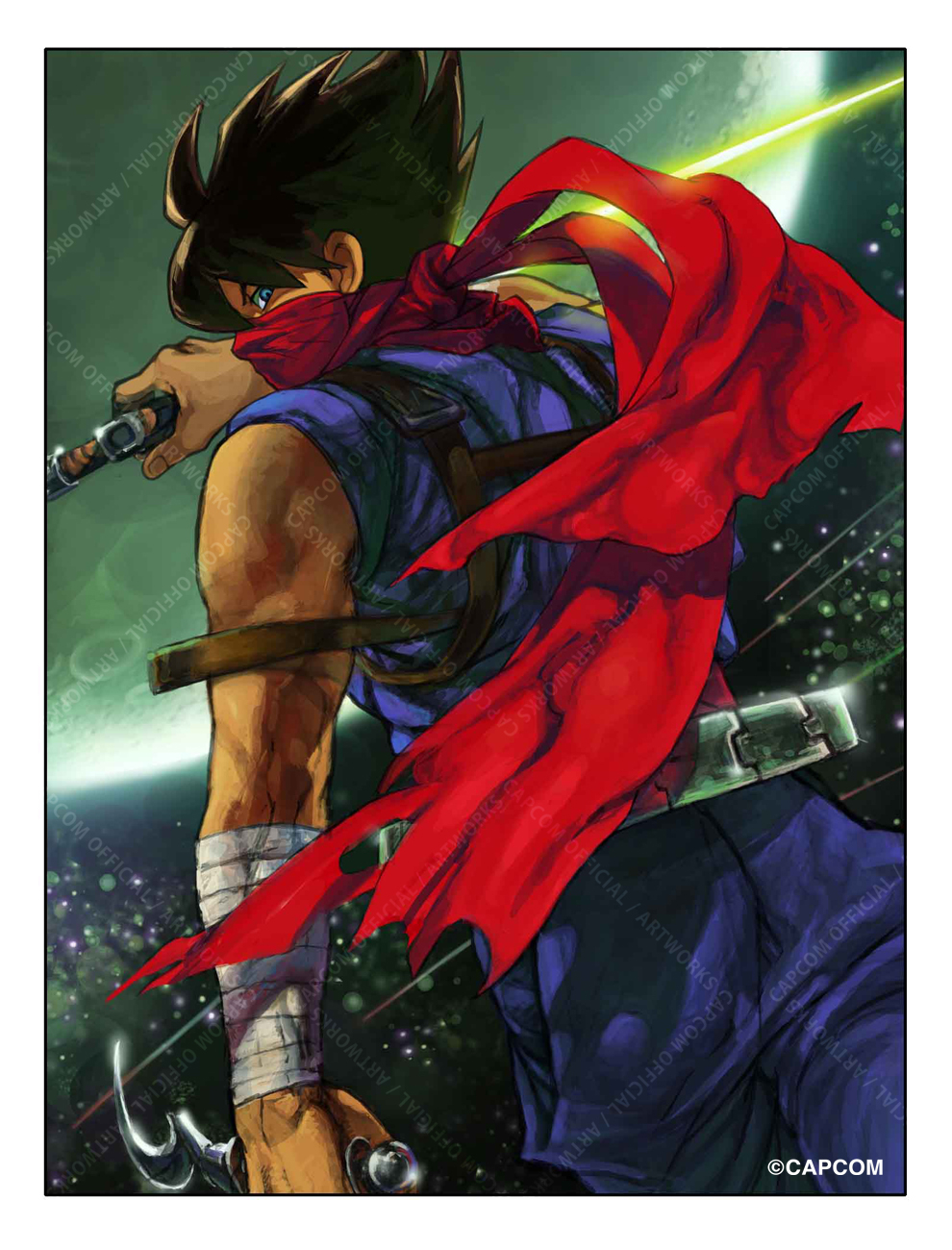 1boy blue_eyes border brown_hair commentary_request covered_mouth cowboy_shot from_behind highres holding holding_weapon looking_at_viewer looking_back male_focus official_art red_scarf scarf scarf_over_mouth second-party_source short_hair solo spiked_hair strider_(video_game) strider_hiryuu tamio watermark weapon white_border
