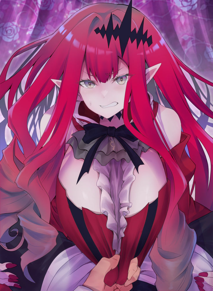 1boy 1girl asahi_(fullmetal_madness) baobhan_sith_(fate) baobhan_sith_(first_ascension)_(fate) bare_shoulders breasts center_frills clenched_teeth detached_collar detached_sleeves dress fate/grand_order fate_(series) frills grabbing_another&#039;s_breast grey_eyes groping large_breasts long_hair looking_at_viewer nail_polish pink_hair pointy_ears red_dress sidelocks solo_focus teeth tiara