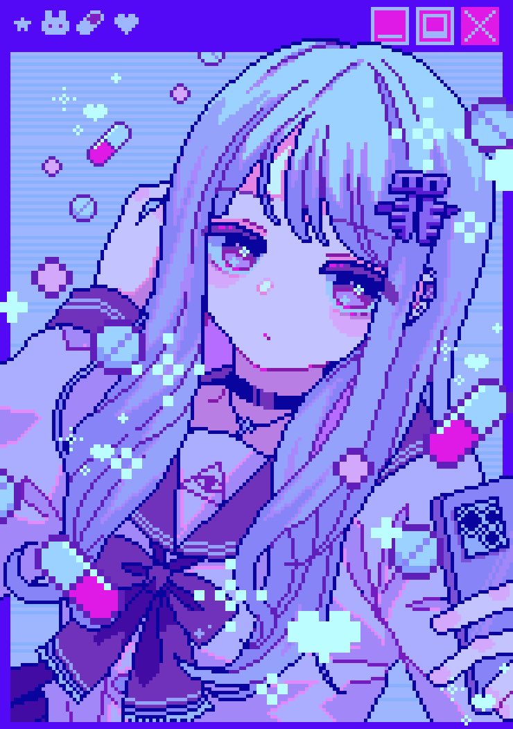 1girl black_choker black_skirt bow choker closed_mouth ear_piercing eye_of_providence eyes_visible_through_hair hand_in_own_hair holding holding_phone jewelry kanji_hair_ornament long_hair looking_at_viewer nanami_yuki_(yuki77mi) necklace original outside_border phone piercing pill pixel_art purple_background purple_eyes purple_serafuku purple_theme red_bow red_sailor_collar sailor_collar school_uniform serafuku sidelocks skirt solo upper_body white_hair window_(computing)
