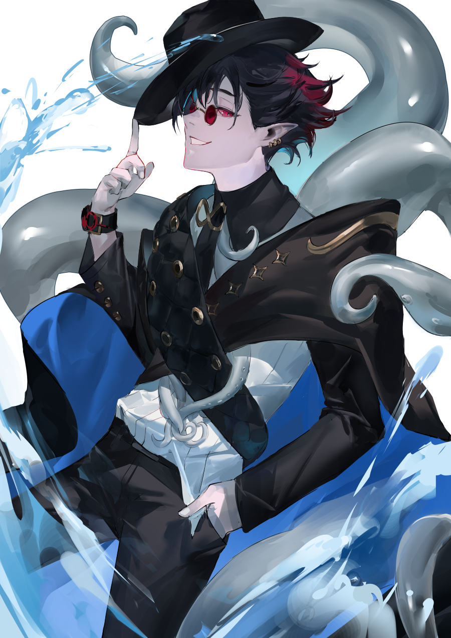 1boy alchemy_stars black_hair black_hat black_pants blazpu colored_tips ear_piercing fedora glasses hand_in_pocket hat highres kleken_(alchemy_stars) long_sleeves male_focus multicolored_hair pants piercing pince-nez pointy_ears red-tinted_eyewear red_eyes sash shirt short_hair shoulder_sash sideways_mouth smile solo teeth tentacles tinted_eyewear watch water white_shirt wristwatch