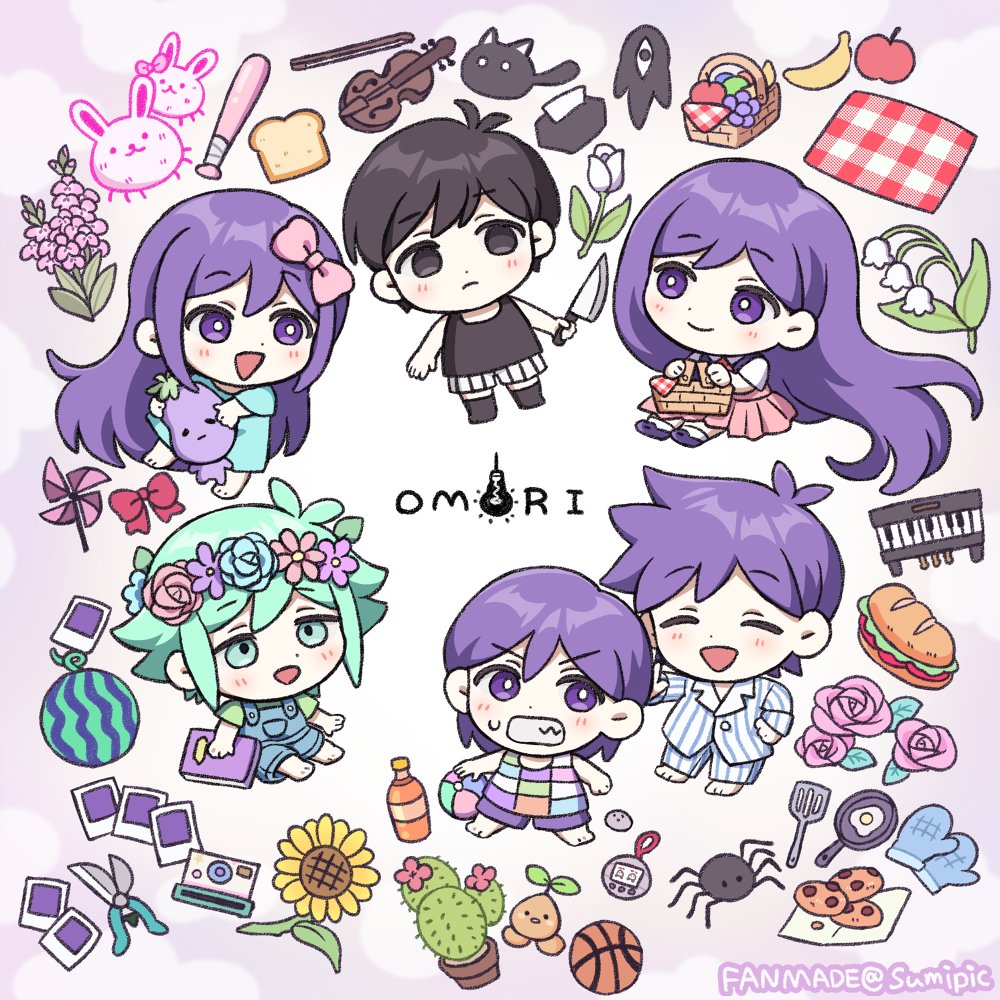 2girls 4boys antenna_hair aqua_eyes aqua_hair aubrey_(faraway)_(omori) aubrey_(omori) baseball_bat basil_(faraway)_(omori) basil_(omori) black_eyes black_hair blue_dress bread bread_slice brother_and_sister brothers bug bug_bunny_(omori) camera closed_mouth dress flower food frying_pan gardening_shears head_wreath hector_(omori) hero_(headspace)_(omori) hero_(omori) light_bulb lily_of_the_valley long_hair mewo mr._plantegg_(omori) multiple_boys multiple_girls omori omori_(omori) picnic_basket picnic_blanket polaroid_camera polaroid_photo purple_eyes purple_hair sandwich short_hair siblings smile something_(omori) spider sprout_mole stuffed_eggplant sumipic tamagotchi_(virtual_pet) tissue_box toast very_long_hair virtual_pet_(toy)