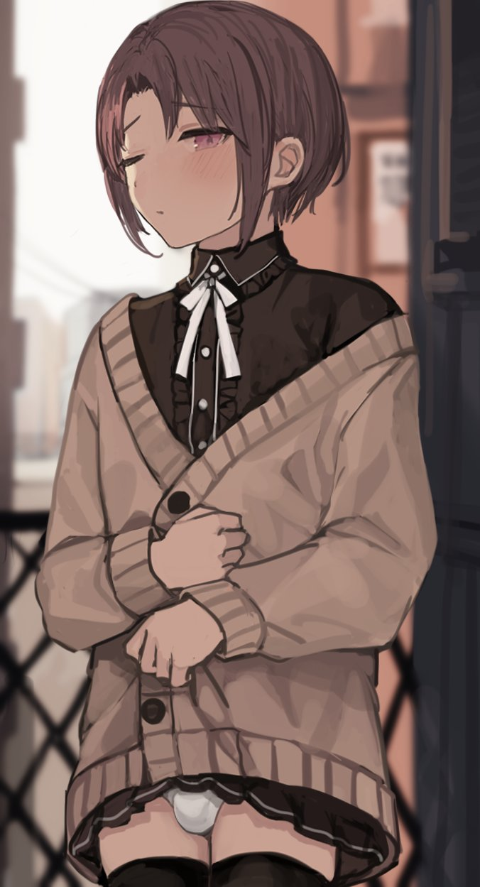 1boy black_shirt black_skirt black_thighhighs blurry blurry_background blush brown_cardigan brown_hair bulge cardigan center_frills choker closed_mouth clothes_lift collared_shirt cowboy_shot crossdressing frills highres long_sleeves looking_at_viewer male_focus miniskirt neck_ribbon off_shoulder one_eye_closed outdoors panties parted_bangs pink_eyes pleated_skirt rap ribbon ribbon_choker school_uniform shirt short_hair skirt skirt_lift solo sunaba_(nczd5875) tag thighhighs trap underwear upskirt white_panties white_ribbon