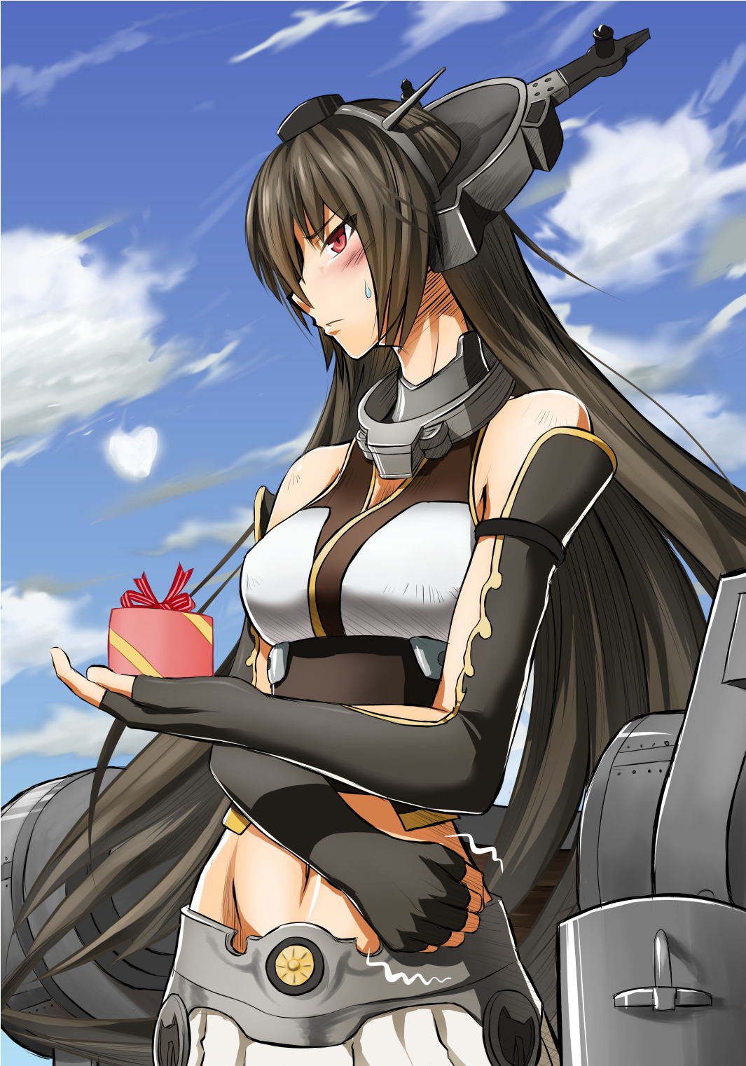 10s 1girl bare_shoulders black_hair blush breasts clenched_hand elbow_gloves female_focus fingerless_gloves gift gloves hair_between_eyes hair_ornament headgear highres iroia kantai_collection large_breasts long_hair midriff nagato_(kancolle) navel skirt solo sweatdrop valentine