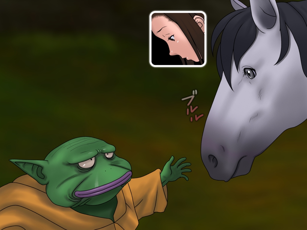 1boy 1girl brown_hair colored_skin dragon_quest dragon_quest_viii green_skin horse jukan_a_no_6 king_trode medea_(dq8) monster pointy_ears square_enix trode yoshino_momiji