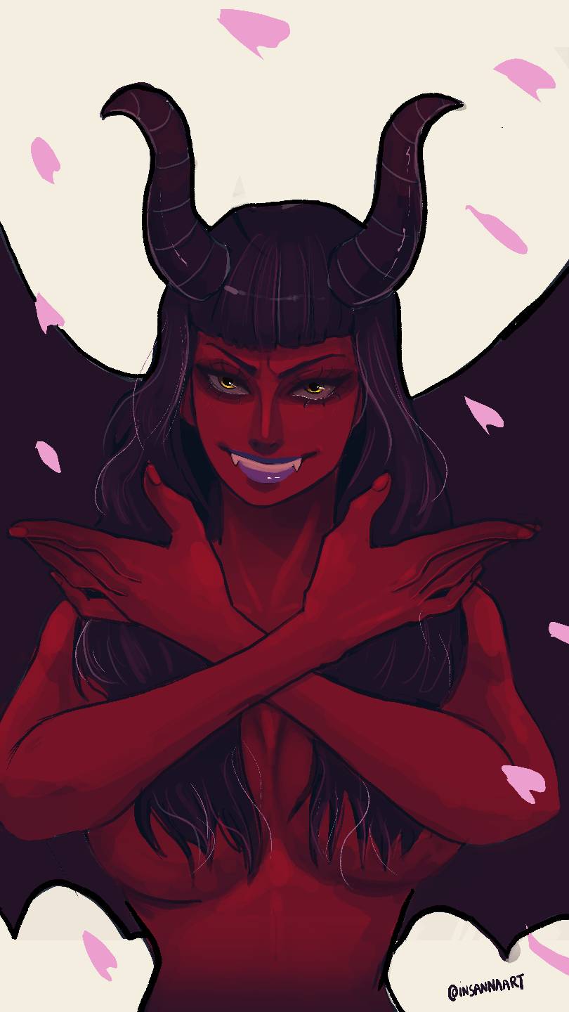 1girl black_hair black_horns black_wings blunt_bangs colored_skin commentary crossed_arms demon_girl deviantart_username demonio_fleur english_commentary evil_smile eyelashes falling_petals fangs hana_hana_no_mi highres horns insannaart long_hair looking_at_viewer nico_robin one_piece petals pink_petals purple_lips red_skin simple_background smile solo upper_body white_background wings