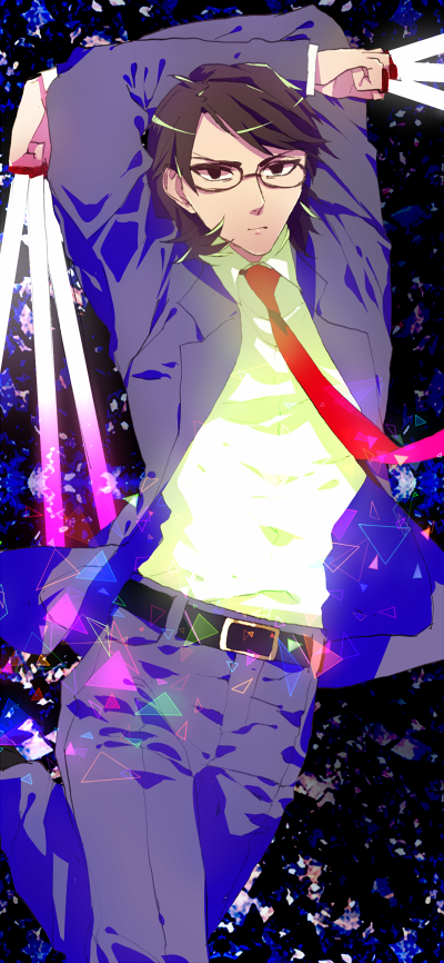 1boy arms_up bad_id bad_pixiv_id brown_eyes brown_hair fate/tiger_colosseum fate_(series) formal_clothes glasses kotomine_kirei male_focus necktie purinnkawayusu solo suit