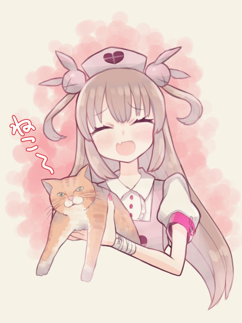 1girl ^_^ animal apron bandages buttons cat closed_eyes collared_shirt commentary fang hair_ornament hat holding holding_animal holding_cat light_brown_hair long_hair natori_sana natori_sana_(nurse) nurse_cap open_mouth pink_apron puffy_short_sleeves puffy_sleeves sana_channel shirt short_sleeves tank_(artist) two_side_up virtual_youtuber