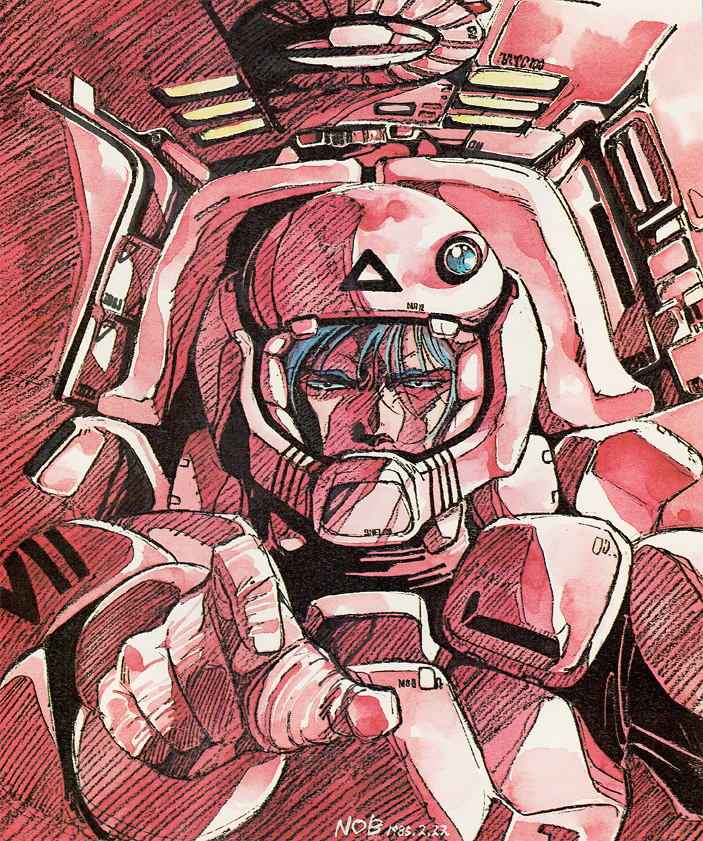 1980s_(style) 1985 1boy aramaki_shinji b.d._(megazone) blue_hair body_armor character_request cockpit cyberpunk dated helmet machinery magazine_scan mecha megazone_23 official_art oldschool pilot pilot_chair pilot_suit production_art promotional_art reaching reaching_towards_viewer retro_artstyle robot scan science_fiction signature sketch spacesuit storyboard