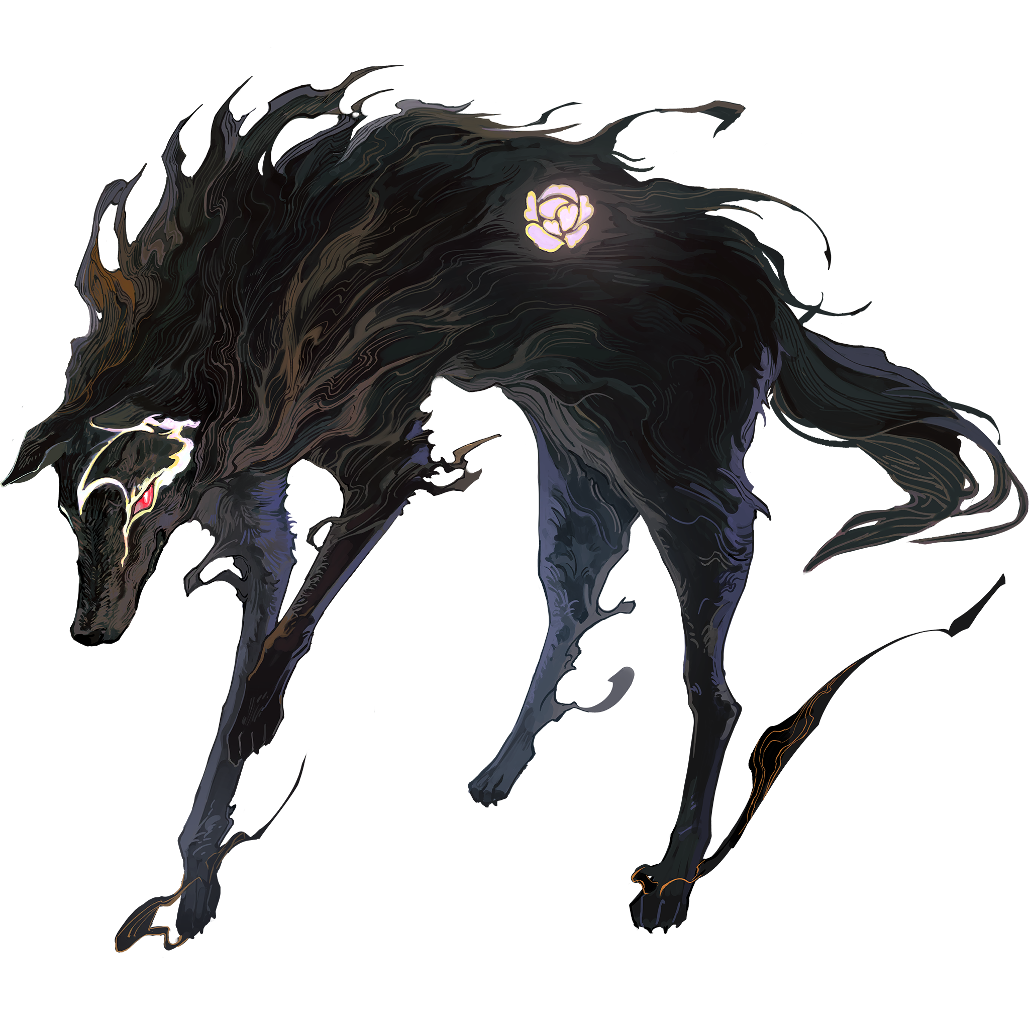 animal animal_focus black_fur body_markings dog endo_(takolegs) fate/grand_order fate_(series) full_body game_cg highres looking_at_viewer no_humans official_art red_eyes solo standing tachi-e third-party_source transparent_background