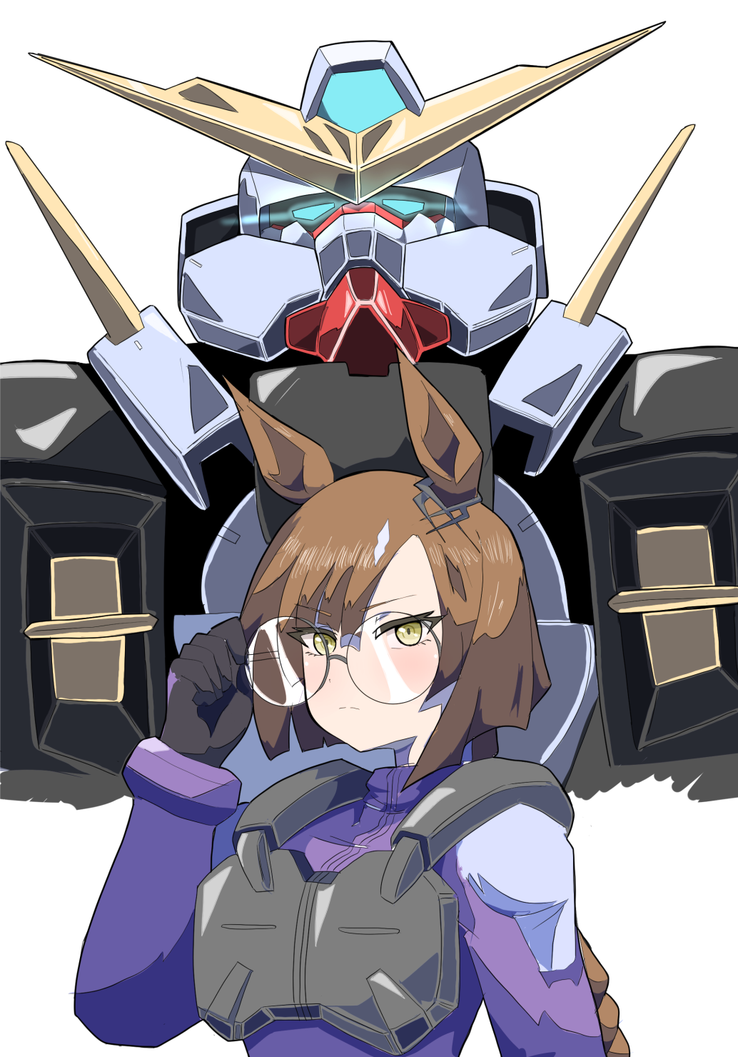 1girl adjusting_eyewear black_gloves braid brown_eyes brown_hair closed_mouth commentary_request crossover glasses gloves gundam gundam_00 gundam_virtue hand_up highres ikuno_dictus_(umamusume) jumpsuit long_hair looking_at_viewer mecha mobile_suit purple_jumpsuit robot round_eyewear science_fiction simple_background single_braid takobutter umamusume upper_body v-fin white_background