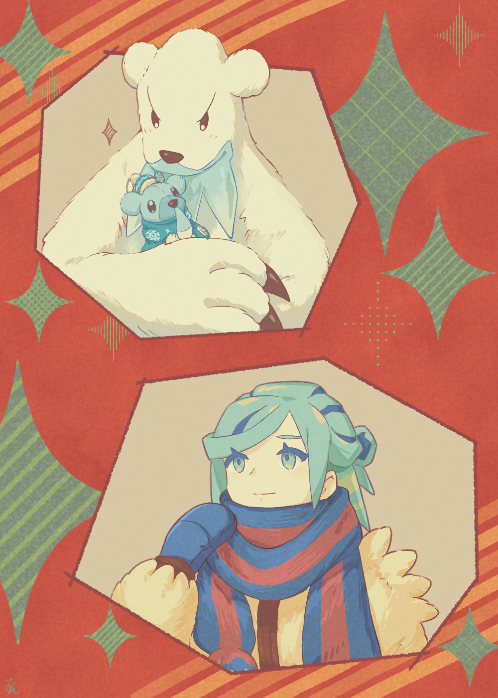 1boy aqua_eyes aqua_hair beartic blue_mittens blue_scarf claws closed_mouth commentary_request cubchoo evolutionary_line eyelashes gen_5_pokemon grusha_(pokemon) hand_up highres jacket long_sleeves male_focus min_(myna8247) mittens nintendo pokemon pokemon_sv scarf smile sparkle striped_clothes striped_scarf yellow_jacket