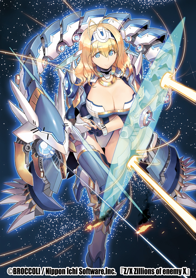 1girl antenna_hair beam black_background black_gloves blonde_hair blue_eyes blue_legwear breasts cleavage copyright_name fingerless_gloves full_body gloves headband ishibashi_yosuke large_breasts looking_at_viewer official_art robot smile watermark z/x