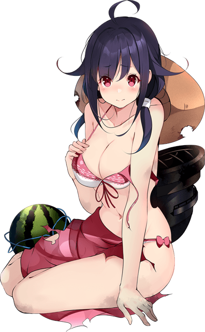 1girl bikini black_hair food fruit full_body hat kantai_collection kujou_ichiso long_hair official_art print_sarong red_eyes red_sarong ryuuhou_(kancolle) ryuuhou_kai_ni_(kancolle) sarong solo sun_hat swimsuit taigei_(kancolle) taigei_(swimsuit)_(kancolle) torn_clothes torn_sarong transparent_background watermelon