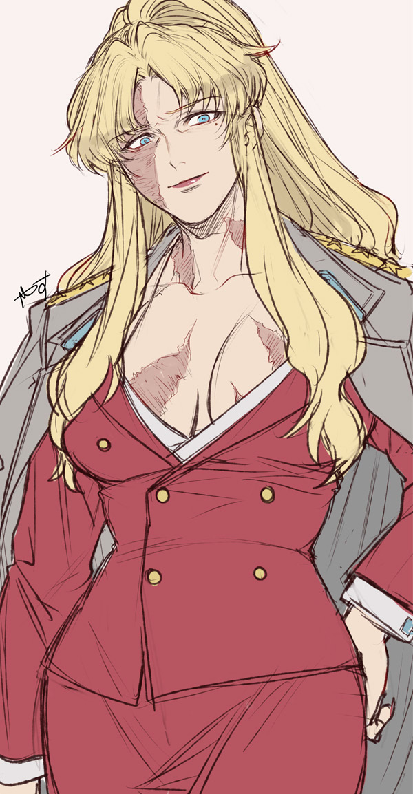 1girl balalaika_(black_lagoon) black_lagoon blonde_hair blue_eyes breasts burn_scar cleavage formal_clothes hand_on_own_hip jacket jacket_on_shoulders large_breasts long_hair looking_at_viewer mole mole_under_eye ponytail red_suit scar scar_on_face signature simple_background skirt smile solo suit white_background yasunososaku