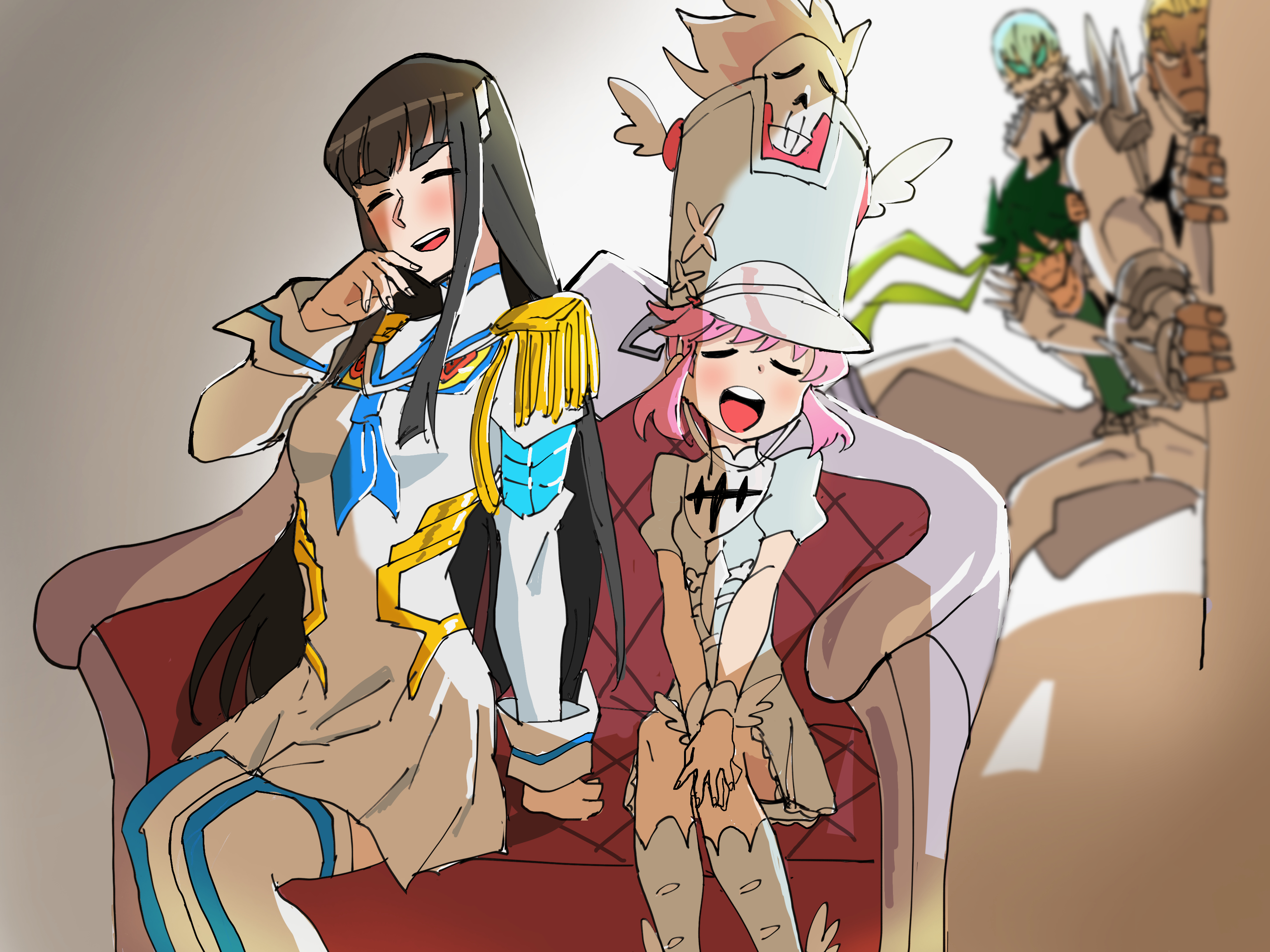 2girls 3boys absurdres black_hair blonde_hair blush cape commentary couch closed_eyes frown gamagoori_ira green_hair hand_to_own_mouth hat high_collar highres inumuta_houka jakuzure_nonon junketsu kill_la_kill kiryuuin_satsuki long_hair long_sleeves mask multiple_boys multiple_girls pink_hair potomithu sanageyama_uzu shako_cap short_hair short_sleeves side-by-side sitting skull smile thighhighs very_long_hair white_cape yuri