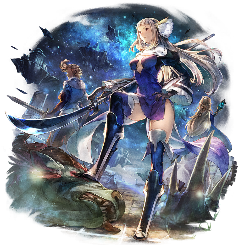 1boy 1other 2girls blonde_hair bravely_default:_flying_fairy bravely_default_(series) bravely_default_ii bravely_second:_end_layer crossover gloria_neu_musa magnolia_arch monster multiple_girls octopath_traveler octopath_traveler:_champions_of_the_continent official_art polearm ringabel spear staff_(weapon) sword weapon