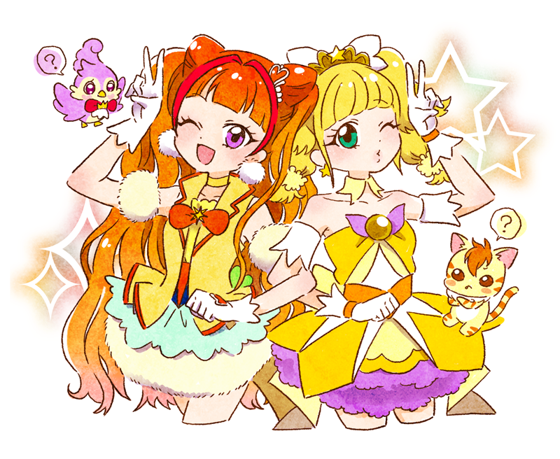 2girls ? amanogawa_kirara aroma_(go!_princess_precure) blonde_hair blunt_bangs bow bowtie brooch bubble_skirt choker commentary_request cone_hair_bun cosplay costume_switch cure_sparkle cure_twinkle dress earrings gloves go!_princess_precure green_eyes hair_bun hair_ornament healin&#039;_good_precure healing_animal heart heart_hair_ornament hiramitsu_hinata hoppetoonaka3 jewelry long_hair magical_girl multicolored_hair multiple_girls nyatoran_(precure) one_eye_closed open_mouth orange_bow orange_bowtie pom_pom_(clothes) pom_pom_earrings precure purple_eyes simple_background skirt star_(symbol) star_brooch star_earrings twintails two-tone_hair v vest white_gloves yellow_choker yellow_vest