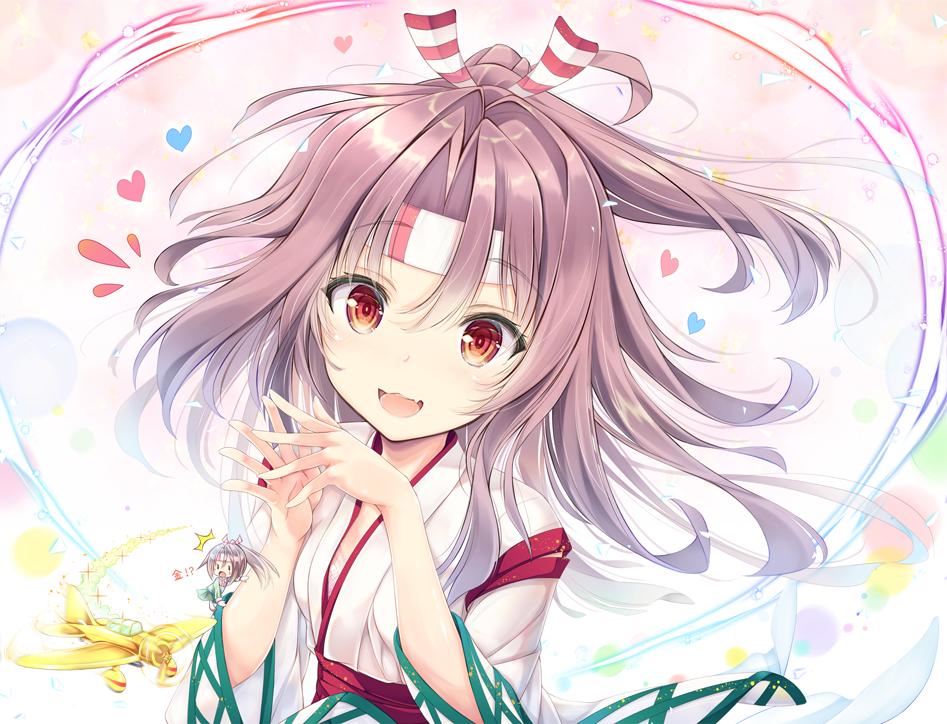 1girl :d aircraft airplane blush bra bra_peek brown_eyes chibi commentary_request dual_persona eyebrows_visible_through_headband female_focus floating_hair green_skirt hachimaki hair_intakes hair_ribbon half_updo hands_up headband heart high_ponytail japanese_clothes kantai_collection light_blush light_brown_hair long_hair long_sleeves looking_at_viewer open_mouth ponytail propeller remodel_(kantai_collection) ribbon sash skirt smile solo sparkle striped_headband striped_ribbon tenmu_shinryuusai underwear upper_body wide_sleeves zuihou_(kancolle)
