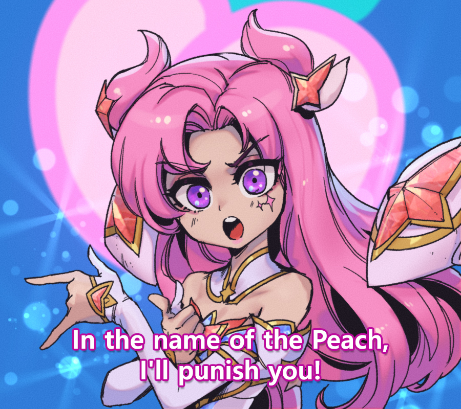 1girl bare_shoulders bishoujo_senshi_sailor_moon blue_background detached_collar detached_sleeves dress english_text facial_tattoo floating floating_object hands_up kai&#039;sa league_of_legends long_hair official_alternate_costume parody parted_bangs phantom_ix_row pink_background pink_eyes pink_hair pretty_guardian_sailor_moon sailor_moon solo star_guardian_(league_of_legends) star_guardian_kai&#039;sa tattoo teeth upper_teeth_only