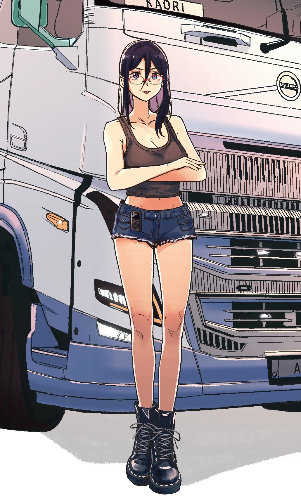 1girl ankle_boots black_boots black_hair black_tank_top blue_shorts bonryuu boots breasts cleavage collarbone commission crossed_arms denim denim_shorts full_body glasses hibike!_euphonium highres legs license_plate long_hair midriff motor_vehicle semi_truck short_shorts shorts simple_background skeb_commission solo standing tanaka_asuka tank_top truck vehicle_focus volvo volvo_fh white_background