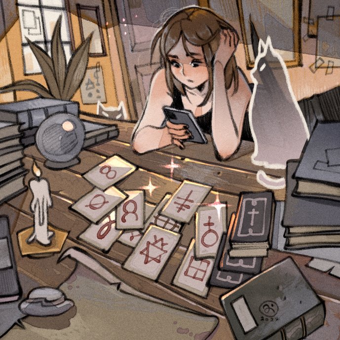 1girl artist_logo black_nails black_shirt book book_stack brown_hair candle cat cellphone closed_mouth collarbone commentary crystal_ball dated door elbows_on_table english_commentary ghost hand_on_own_head holding holding_phone logo looking_at_phone medium_hair original parchment phone plant poster_(object) potted_plant runes shirt simz sleeveless sleeveless_shirt smartphone solo sparkle sunlight table tarot tarot_set upper_body window wooden_table
