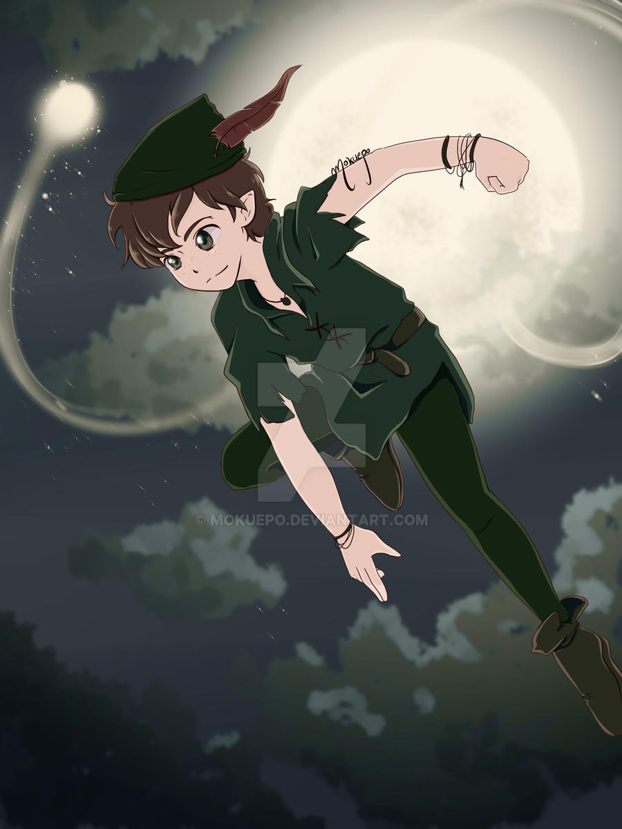 1boy black_footwear boots brown_eyes brown_hair bug fairy feathers fly fly_agaric green_hat green_shirt green_tunic hat hat_feather highres insect leaf moon mushroom peter_pan peter_pan_(character) pointy_ears red_feathers shirt short_hair size_difference tinker_bell_(character) tinker_bell_(disney) toon_(style) tunic walt_disney&#039;s_peter_pan watermark