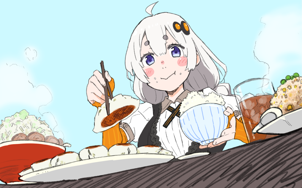1girl :&gt; ahoge black_dress blue_eyes blue_sky blush_stickers bowl braid chopsticks commentary cup dress drinking_glass dumpling eating elbow_gloves fingerless_gloves food food_on_face fried_rice from_below full_mouth gloves grey_hair hair_ornament holding holding_bowl holding_chopsticks ice iced_tea jiaozi kizuna_akari meal orange_gloves peas plate rice rice_on_face saitou_tasuke shirt sky solo spoon thick_eyebrows upper_body vocaloid voiceroid white_shirt