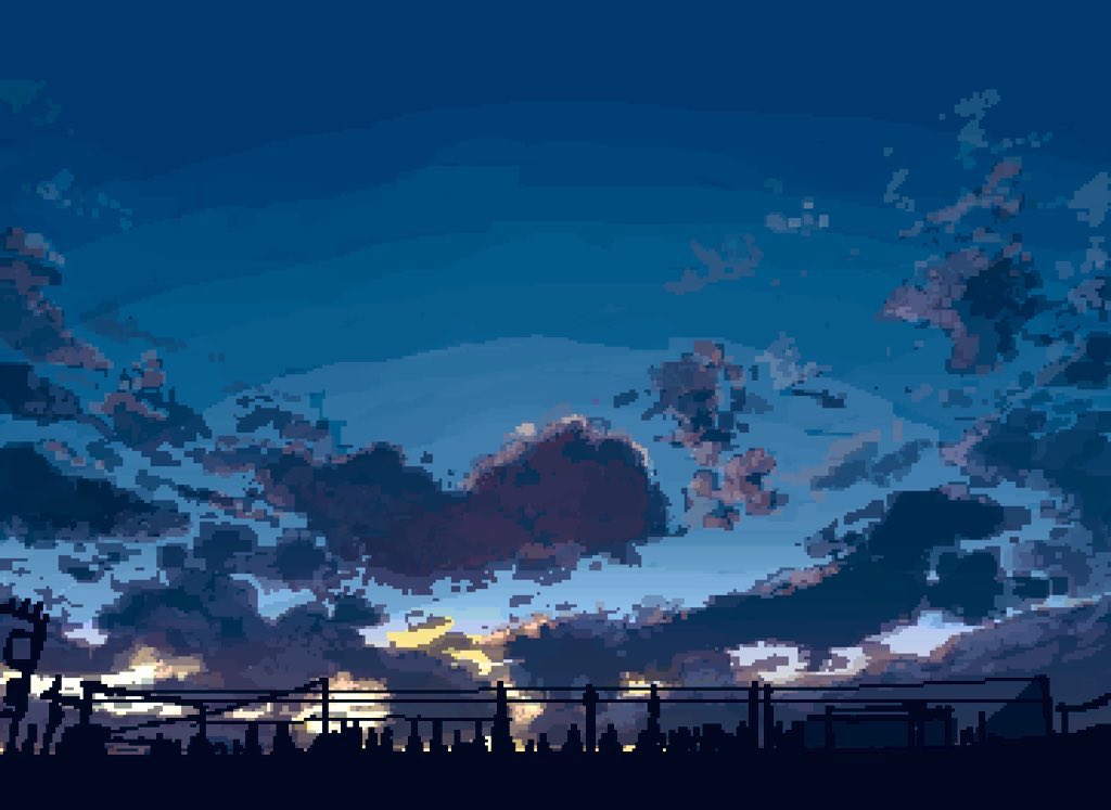 bird_on_power_lines blue_clouds blue_sky building cloud cloudy_sky forest full_body gradient_sky hisachan55cute nature no_humans original outdoors pixel_art power_lines scenery sign silhouette sky sky_focus sunrise town