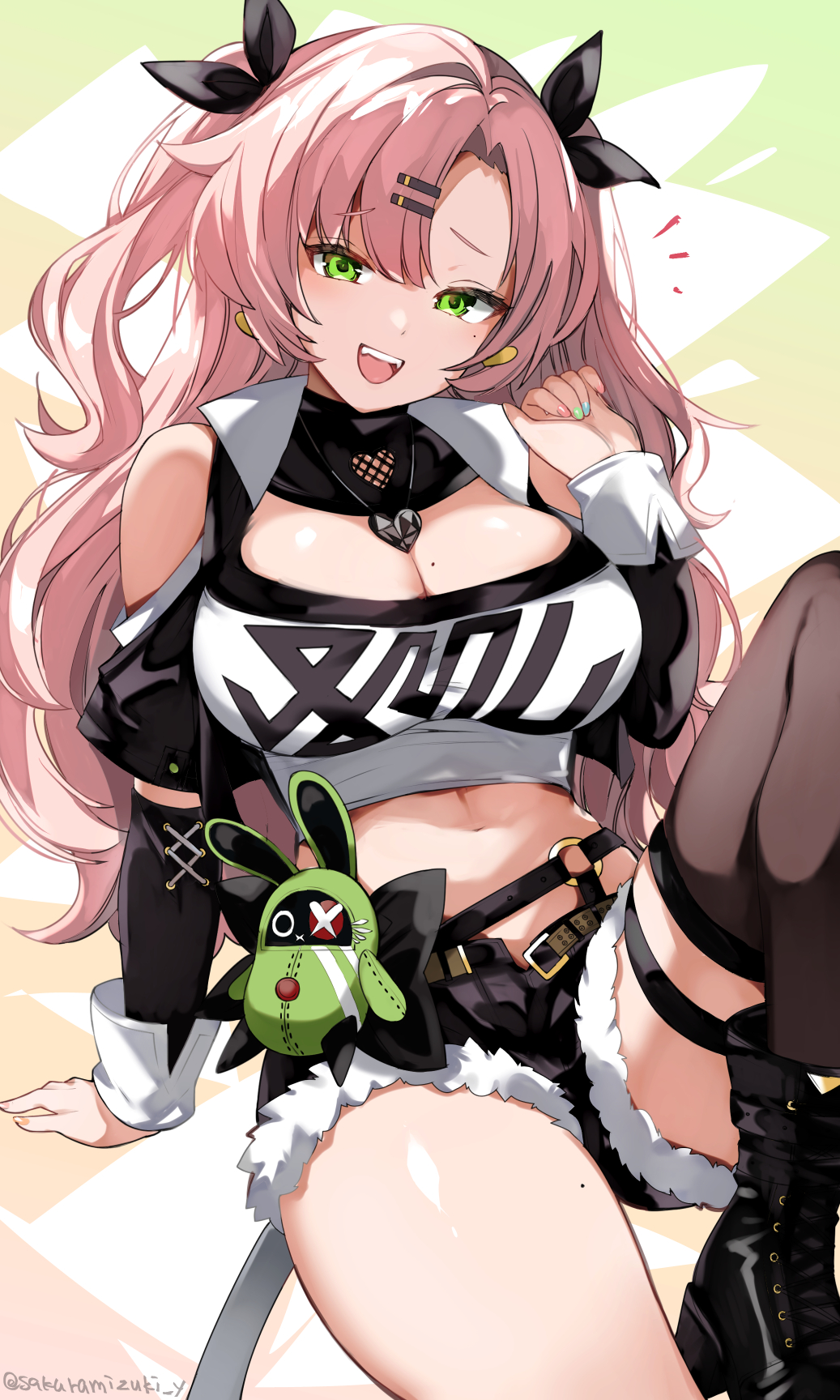 1girl :d bangboo_(zenless_zone_zero) breasts cleavage crop_top fur_trim hair_ornament hairclip highres large_breasts long_hair looking_at_viewer midriff mole mole_on_breast navel nicole_demara open_mouth pink_hair short_shorts shorts sitting smile solo stuffed_toy two_side_up urabanasimati very_long_hair zenless_zone_zero