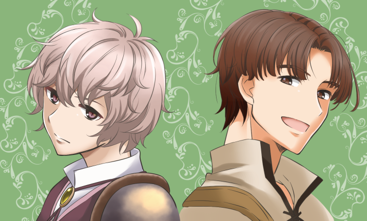 2boys brown_eyes brown_hair fire_emblem fire_emblem_echoes:_shadows_of_valentia green_background kakiko210 kliff_(fire_emblem) male_focus multiple_boys nintendo open_mouth purple_eyes tobin_(fire_emblem) white_hair