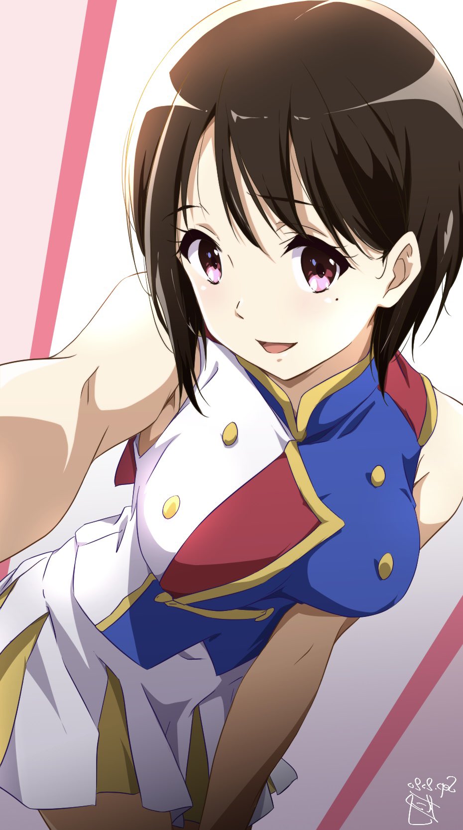 1girl band_uniform breasts brown_hair commentary_request dated hibike!_euphonium highres large_breasts looking_at_viewer mole mole_under_eye multicolored_shirt nakaseko_kaori nii_manabu open_mouth pink_eyes selfie shirt short_hair signature skirt sleeveless sleeveless_shirt smile solo two-tone_skirt white_skirt yellow_skirt