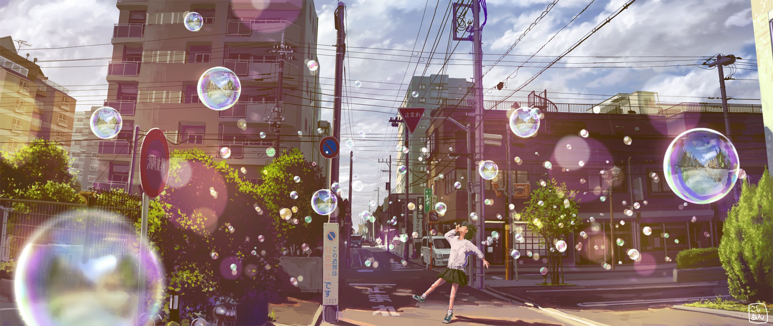1girl apartment bare_legs blowing_bubbles blue_shoes blue_sky brown_hair bubble bubble_wand car cloud commentary_request day floating_clothes floating_hair forehead full_body grass green_skirt highres holding holding_wand knees kosian leg_up long_sleeves miniskirt motor_vehicle original outdoors outstretched_leg pleated_skirt power_lines road road_sign scenery school_uniform shadow shirt shoes short_hair sidewalk sign signature skirt sky sneakers socks solo street tree wand white_shirt white_socks wide_shot wind