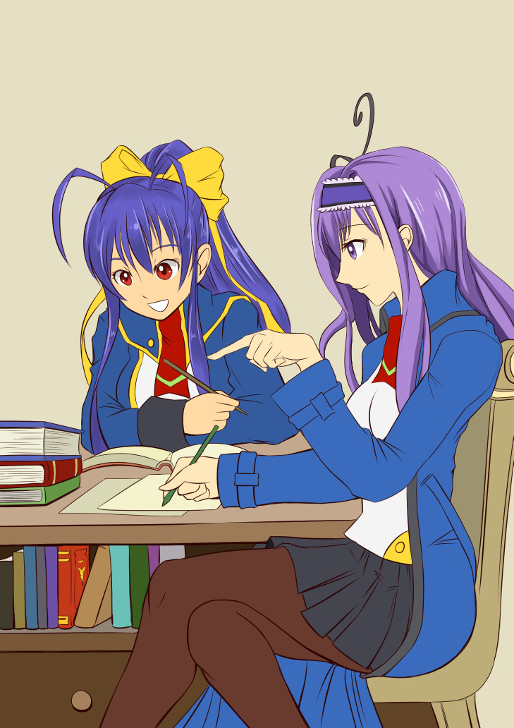 2girls :d antenna_hair black_legwear blazblue blazblue_remix_heart blue_hair book book_stack bookshelf bow breasts butterfly_hair_ornament chair desk drawer drawfag genderswap genderswap_(mtf) hair_bow hair_ornament hairband holding holding_pencil indoors kajun_faycott large_breasts long_hair looking_at_another mai_natsume miniskirt multiple_girls open_book open_mouth pantyhose pencil pointing ponytail purple_eyes purple_hair reading red_eyes ribbon school_uniform simple_background sitting skirt smile studying table very_long_hair writing yellow_bow