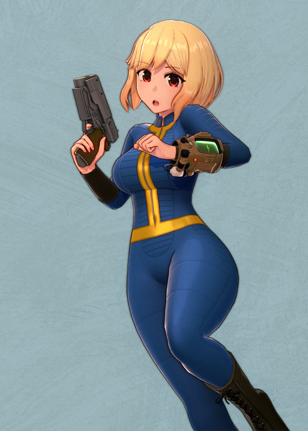 1girl anna_anon black_boots blonde_hair blue_bodysuit bodysuit boots collar fallout fallout_4 gun handgun highres open_mouth pip_boy red_eyes short_hair simple_background solo vault_girl weapon wrist_computer
