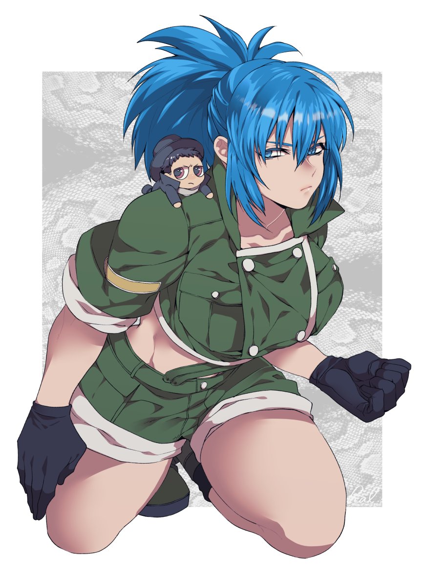 1boy 1girl black_gloves blue_eyes blue_hair chibi clenched_hand collarbone cov_hal gloves green_jacket green_shorts hay jacket leona_heidern looking_at_viewer military military_uniform original ponytail shorts squatting suspenders the_king_of_fighters