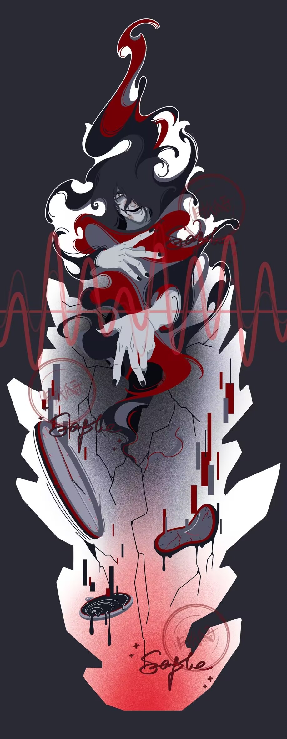 1boy black_background black_eyes black_hair black_nails chinese_commentary clock commentary_request crack cracked_wall diguayuyu hair_over_one_eye highres hole homicipher looking_at_viewer male_focus mr._gap simple_background solo
