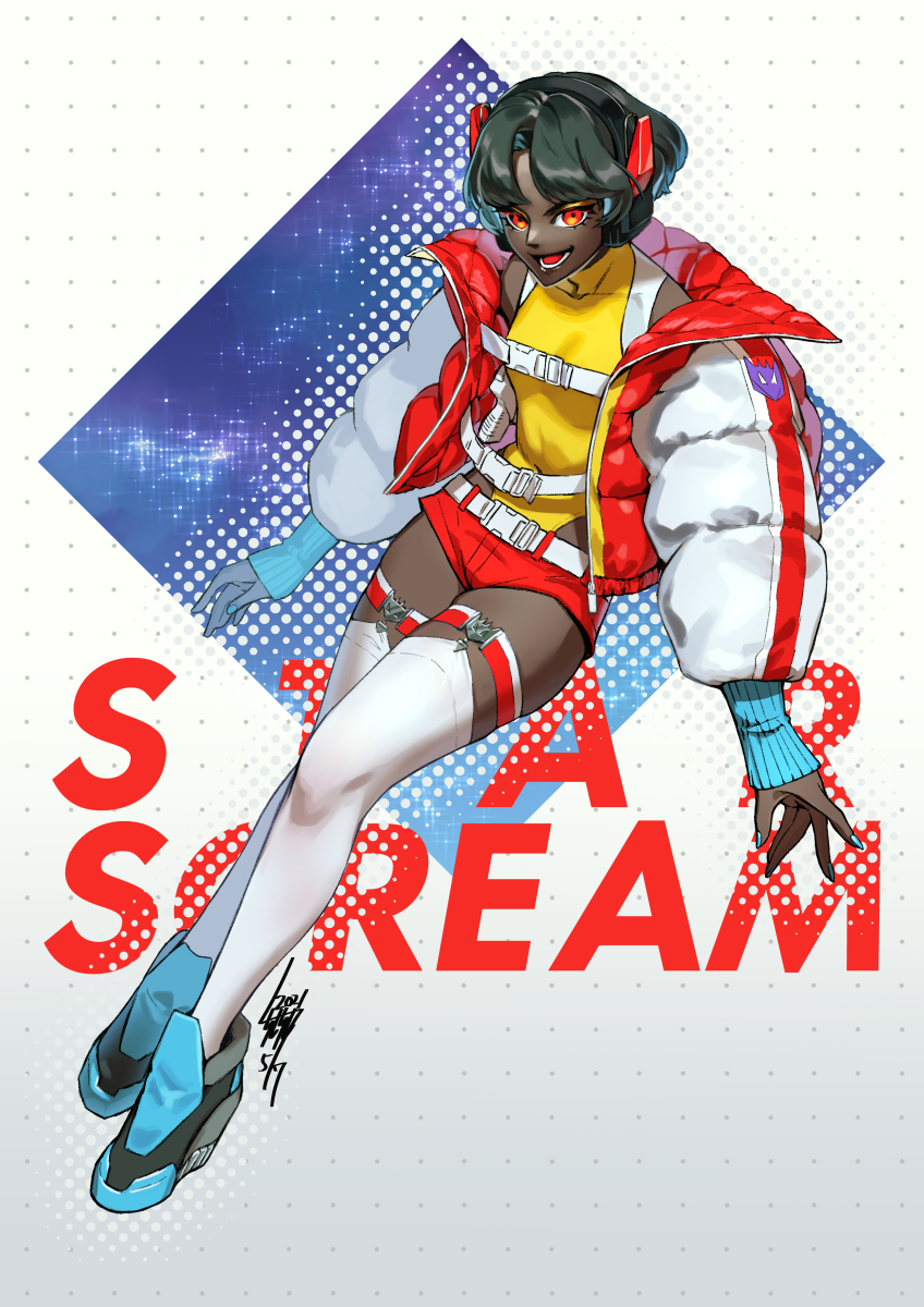 1girl black_footwear black_hair blue_nails breasts character_name decepticon genderswap genderswap_(mtf) highres jacket leotard nail_polish parted_bangs personification red_eyes red_shorts short_hair short_shorts shorts small_breasts solo starscream thighhighs transformers tsunetaka_rakurai white_jacket white_thighhighs yellow_leotard