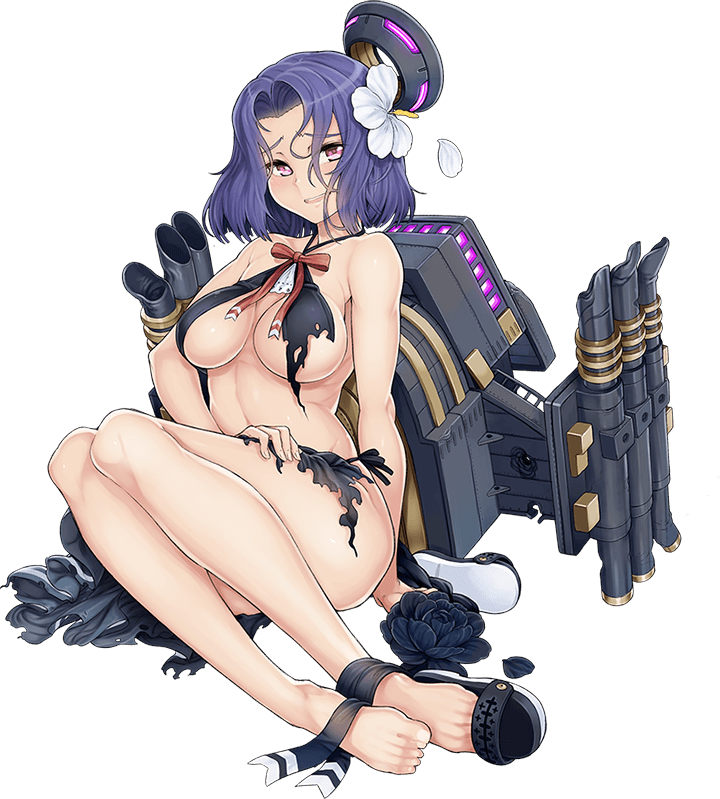 1girl ayaki barefoot bikini breasts female_focus flip-flops flower full_body grin hair_flower hair_ornament halo hand_on_thigh hibiscus kantai_collection large_breasts mechanical_halo official_art purple_eyes purple_hair sandals shoes short_hair sitting skirt smile smoke solo swimsuit tatsuta_(kancolle) tatsuta_(swimsuit)_(kancolle) torn_clothes torpedo transparent_background unworn_sandals unworn_shoes yokozuwari
