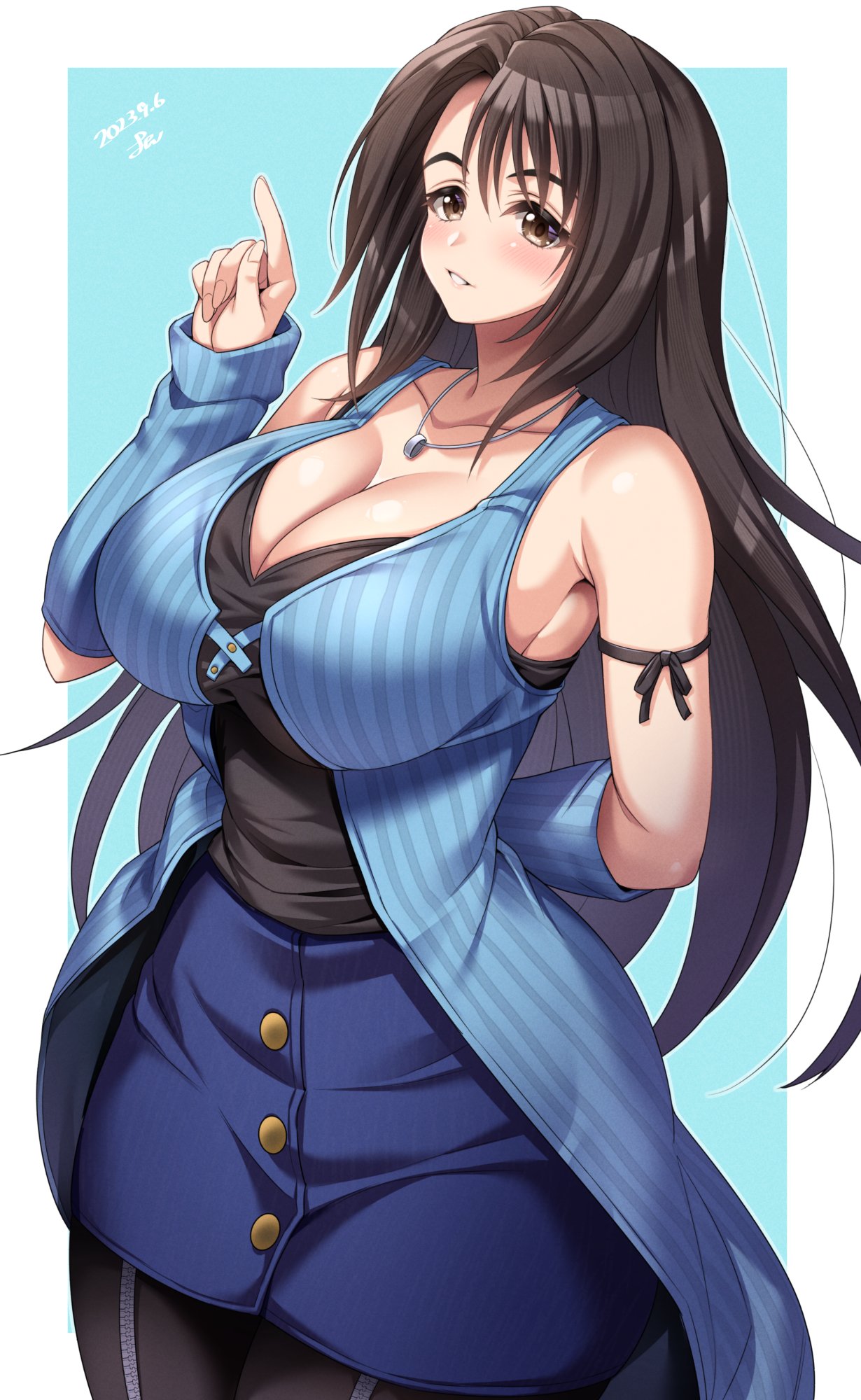 1girl arm_warmers black_hair blue_arm_warmers breasts brown_eyes cleavage collarbone commission dated final_fantasy final_fantasy_viii highres huge_breasts index_finger_raised jewelry long_hair looking_at_viewer necklace rinoa_heartilly skeb_commission skirt sleeveless_duster smile solo yoohi