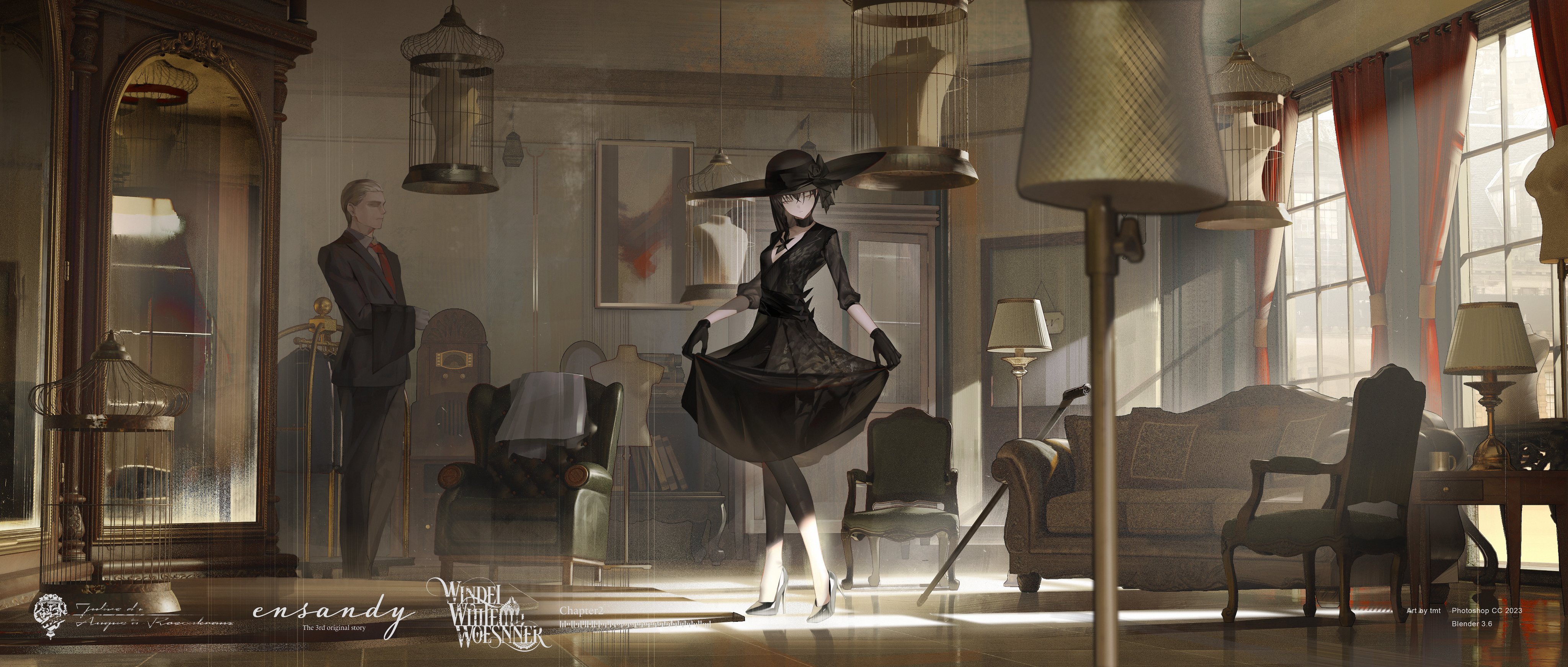 1boy 1girl absurdres birdcage black_choker black_dress black_footwear black_gloves black_hair black_headwear bookshelf cage cane chair choker closed_eyes couch curtains dress dummy formal_clothes gloves high_heels highres holding indoors lampshade mirror necktie original pantyhose red_necktie reflection shelf skirt skirt_hold standing suit tmt window
