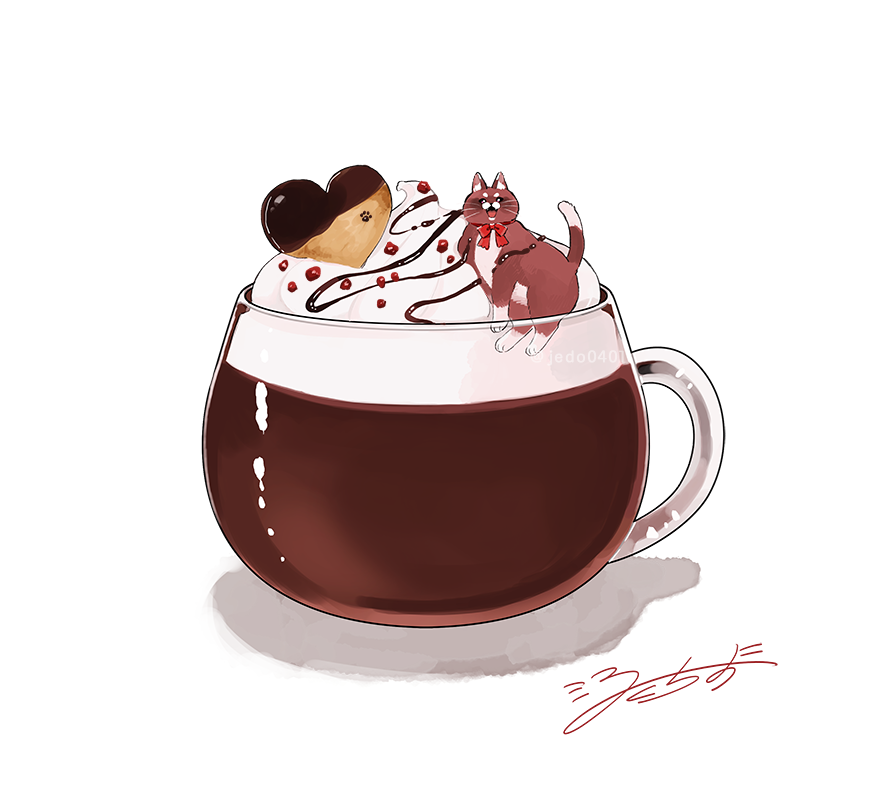 cat chocolate chocolate_syrup cookie food food_focus glass_mug hakuchizu hot_chocolate no_humans original signature simple_background undersized_animal white_background
