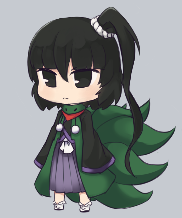 1other adagumo_no_yaorochi androgynous black_eyes black_hair black_kimono black_sandals blunt_bangs buttons chibi closed_mouth collared_socks commentary double-parted_bangs expressionless green_jacket green_scarf grey_background grey_hakama hair_ornament hair_scrunchie hakama hakama_skirt high_side_ponytail jacket japanese_clothes jinbaori kimono len&#039;en light_blush light_frown long_hair long_sleeves looking_ahead multiple_tails other_focus pom_pom_(clothes) red_scarf sandals scarf scrunchie simple_background skirt sleeves_past_fingers sleeves_past_wrists snake_tail socks solo symbol-only_commentary tail tsurime very_long_hair white_scrunchie white_socks wide_sleeves yuejiao_tuan