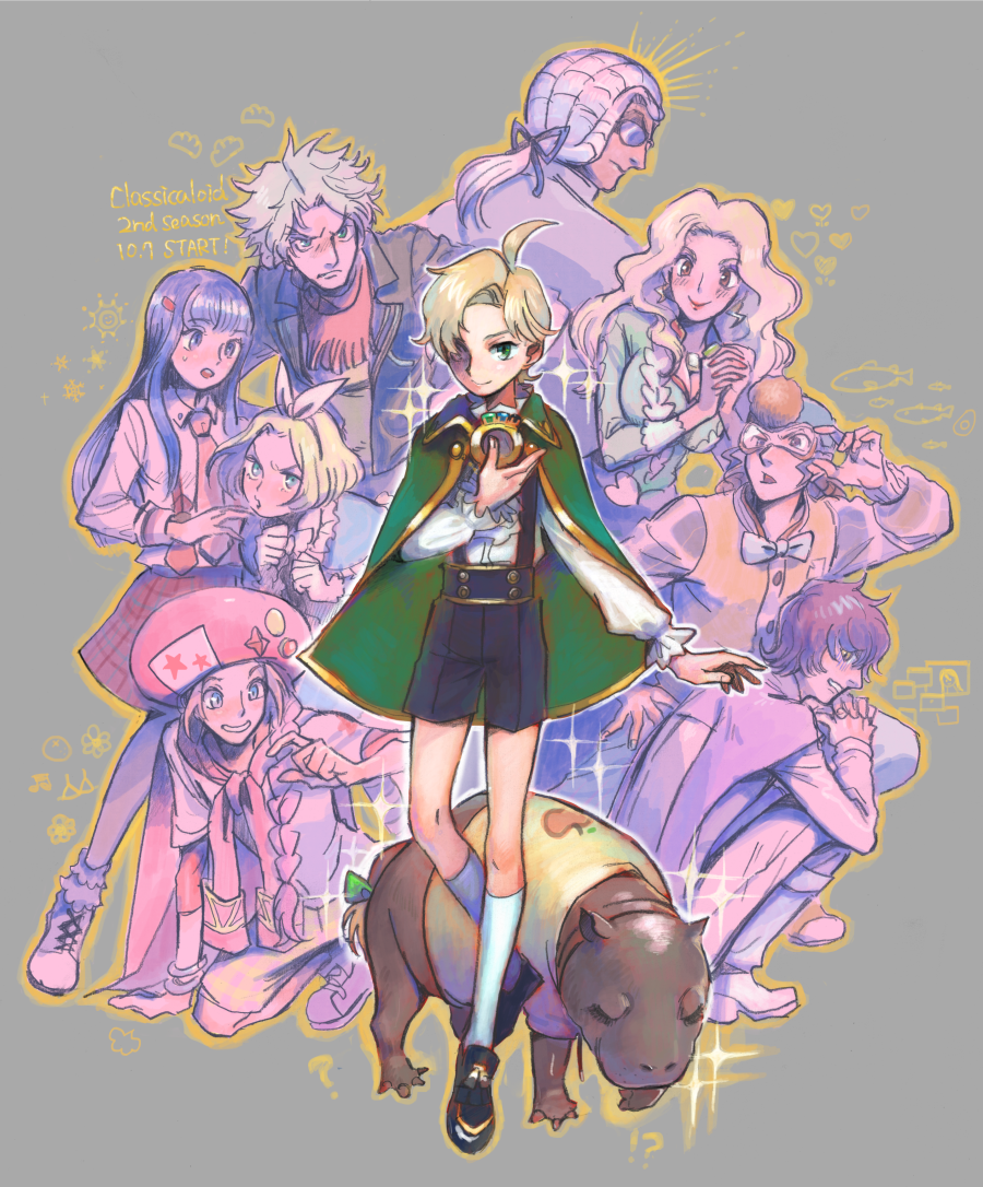 3girls 6+boys antonin_dvorak_(classicaloid) black_shorts blonde_hair blue_ribbon bow braid breasts cape classicaloid closed_mouth copyright_name dated franz_liszt_(classicaloid) franz_schubert_(classicaloid) frederic_chopin_(classicaloid) goggles green_cape grin gumiuchi hair_ornament hairclip hat hippopotamus johann_sebastian_bach_(classicaloid) large_breasts ludwig_van_beethoven_(classicaloid) multiple_boys multiple_girls pink_hat plaid_clothes plaid_skirt powdered_wig pyotr_illyich_tchaikovsky_(classicaloid) ribbon richard_wagner_(classicaloid) short_hair shorts skirt smile squatting sunglasses tekla_badarzewska-baranowska_(classicaloid) wolfgang_amadeus_mozart_(classicaloid)