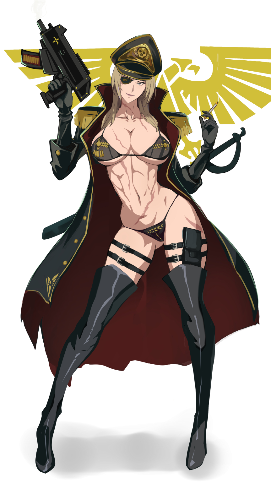 1girl bikini black_bikini black_boots boots breasts cigarette commissar commissar_(warhammer) eyepatch female_focus full_body german german_clothes highres holding holding_cigarette large_breasts looking_at_viewer mikazuki_shigure scar simple_background smile solo swimsuit thighhighs warhammer_40k white_background