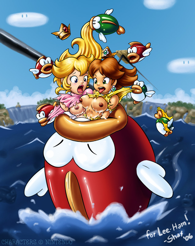 2girls blonde_hair boss_bass breasts brown_hair cheep_cheep crown fish imminent_death mario_(series) multiple_girls nintendo nipples peril princess princess_daisy princess_peach river scared shaxbert signature super_mario_bros._3 torn_clothes undressing_another vore watermark