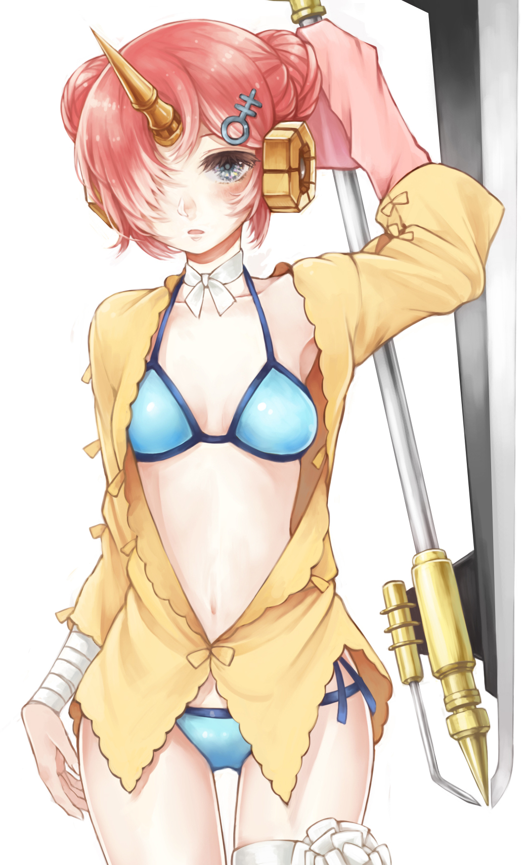 1girl bandaged_arm bandages bikini blue_bikini blue_eyes blush breasts cowboy_shot double_bun fate/grand_order fate_(series) frankenstein&#039;s_monster_(fate) frankenstein&#039;s_monster_(swimsuit_saber)_(fate) frankenstein&#039;s_monster_(swimsuit_saber)_(first_ascension)_(fate) hair_bun hair_ornament hair_over_one_eye haruhito_(divineshalt) highres holding holding_weapon horns looking_at_viewer mechanical_horns open_clothes parted_lips pink_hair simple_background single_horn small_breasts solo swimsuit thigh_gap weapon white_background