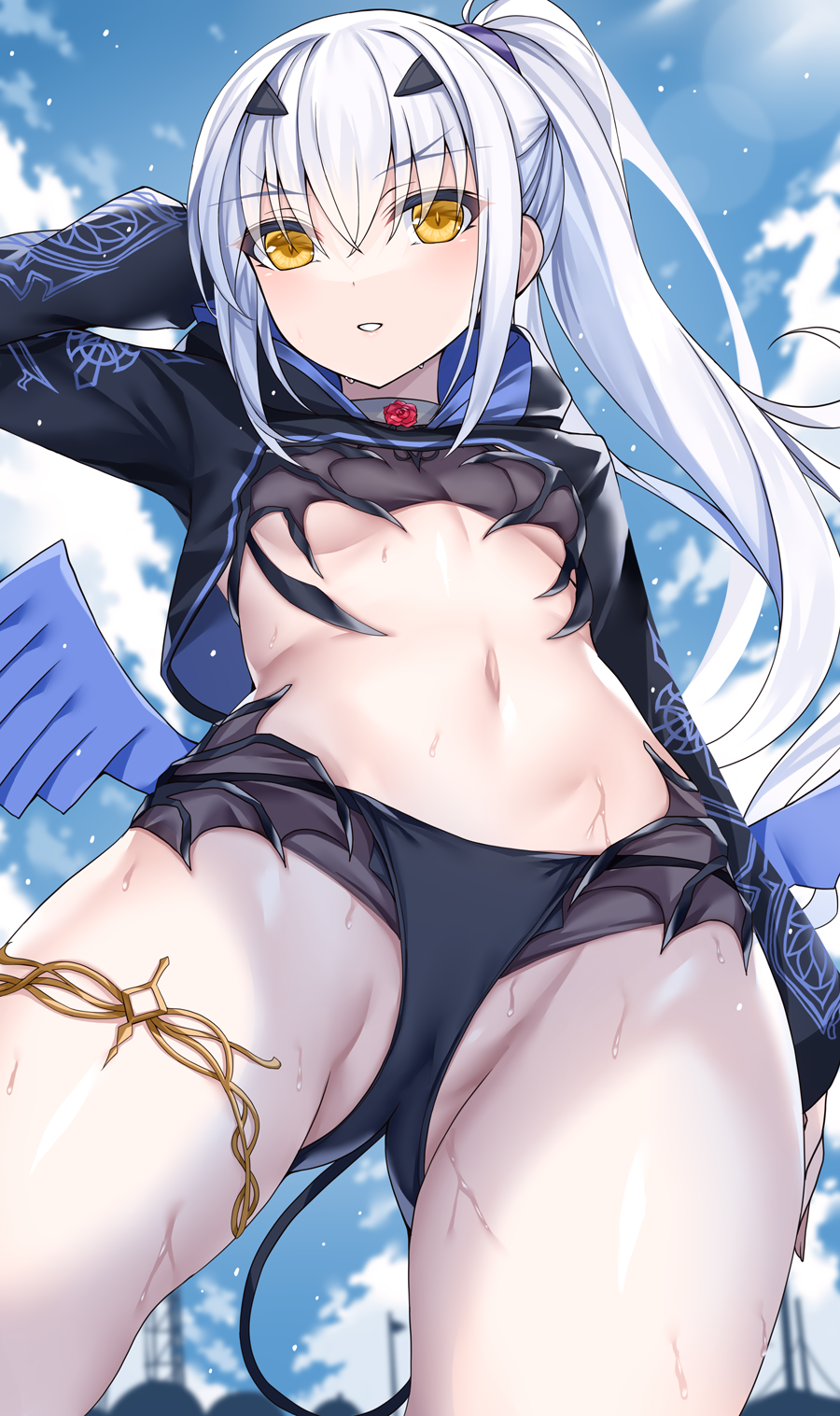 1girl bikini black_bikini black_jacket blue_sky breasts cropped_jacket dragon_wings fate/grand_order fate_(series) forked_eyebrows grin high_ponytail highres jacket jewelry long_hair long_sleeves looking_at_viewer melusine_(fate) melusine_(swimsuit_ruler)_(fate) melusine_(swimsuit_ruler)_(first_ascension)_(fate) morizono_shiki navel ponytail shrug_(clothing) sidelocks sky small_breasts smile solo swimsuit tail thighlet thighs white_hair wings yellow_eyes